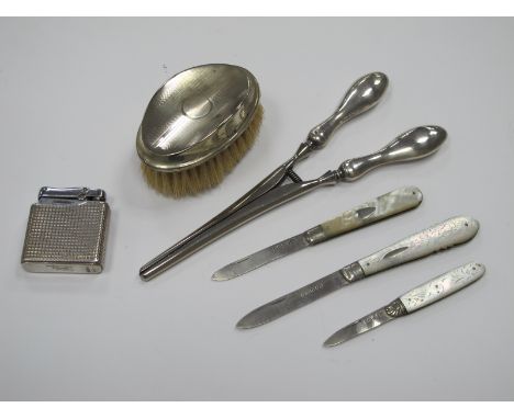 Three Victorian Silver Bladed Mother of Pearl Fruit Knives, a silver handled glove stretcher and brush; plus a hallmarked sil