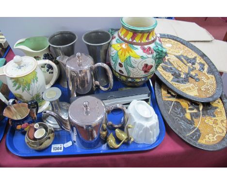 Spode 'Silver Birch' Coffee Pot, Carlton ware jug, Italian pottery vase, jelly mould, beaten pewter and hotel plated ware:- O