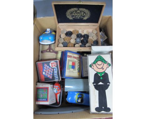 Vintage Toys - including tinplate Hornby wagons, puzzles, dominoes, boxed 'Andy Capp' by Avon, etc:_ One Box