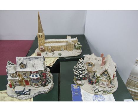 Lilliput Lane, 'Wakefield Cathedral in Winter', 'The First Noel' and 'Christmas Cake', all green boxed. (3).