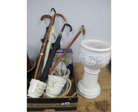 Umbrellas, walking stick, mixing bowls, ceramics, etc:- One Box and Jardiniere 