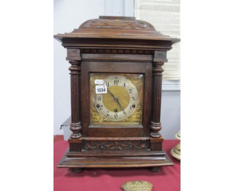Pine and Walnut Cased Bracket Clock, circa 1900 with Art Nouveau carving, reeded side pillars, stepped base, bun feet, Westmi