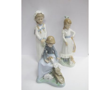 Three Nao Figurines of Girls, carrying a basket with animals. (3)