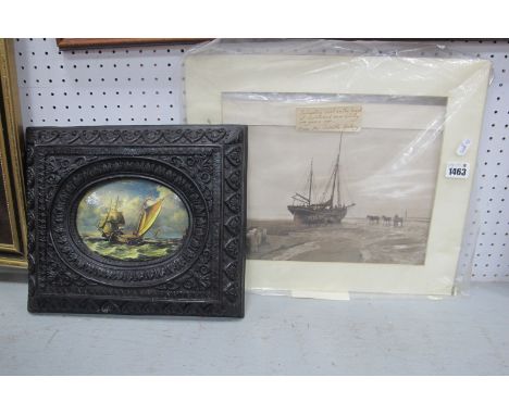 Maritime Themed Print, in heavy frame having oval aperture, Sutcliffe print of beached boat. (2).