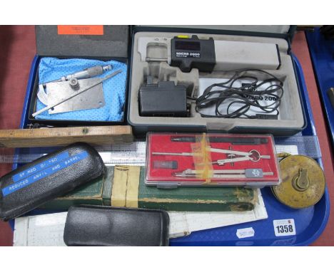 Moore &amp; Wright Micro 2000 and Other Micrometres, interior folding ruler, Aristo slide rule and 33ft tape measure, maglite