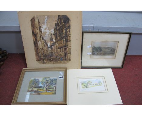 XX Century School, Woodland Lake, oil on board, 12 x 17cm, XIX Century Continental Street scene, watercolour, Coulsey Wood wa