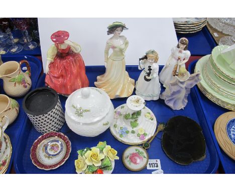 Doulton, Coalport and Other Figurines, Coalport sundial and lidded jar, etc:- One Tray.