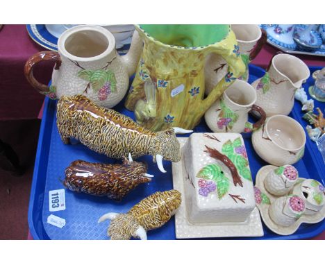 Burleigh Rabbit and Corn Sheaf Jug, Wade Brambles Ware, three highland cattle models:- One Tray