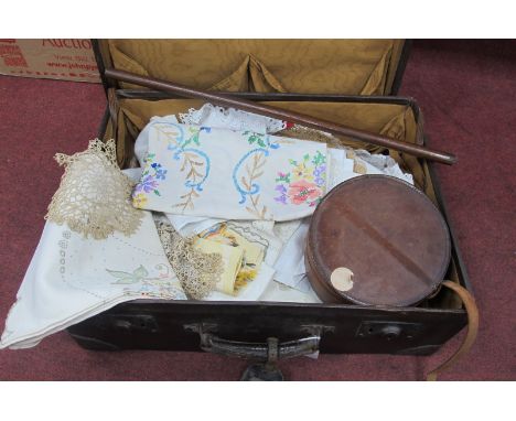 Leather Swagger Stick and Collar Box, crochet work and other linens, in case.