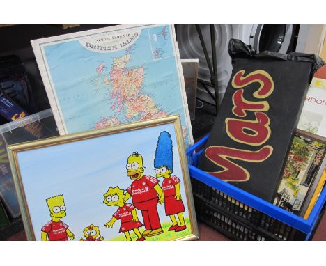 The Simpsons - Liverpool F.C. kitted family, Nick Faldo signed print, other pictures, needlework:- One Box plus Three Maps.