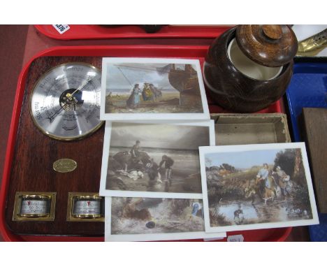 Rowe Guerney Daymaster Barometer, with hydrometer and thermometer, oak biscuit barrel, four sepia prints on glass and rural s