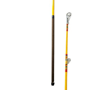 Simple and light weight spinner rod, rainbow thread wrapped with six guides and non-slip grip. Needs reel seat, unmarked. One