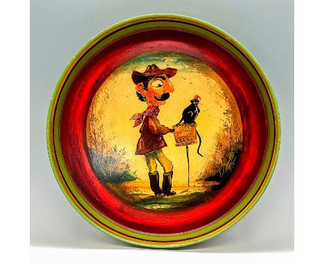 Whimsical hand painted tray depicting organ grinder with monkey signed on bottom by artist. Primarily green and red. Artist: 