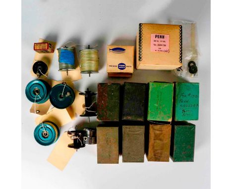 Big lot of 20 spools including early Penn 700, Penn 155, Shimano 2500FB, Penn 704, Langley No. 661, and multiple Penn Squidde