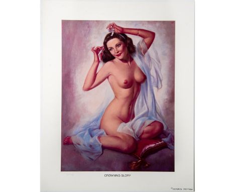 Limited Edition Pin Up Print Depicting a Beautiful Seated Nude Lady. Numbered in pencil 110/950 lower left. Titled 'Crowning 