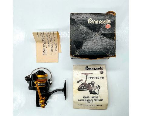 Striking black and gold reel marked Penn 430SS. This item has its original instructions and box which measures 5"L x 4.5"W x 