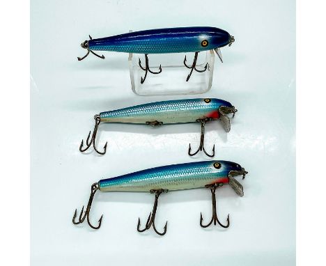 Three great looked slim torpedo shaped lures with blue scale detail on the back, tab painted eyes, white belly, and red mouth