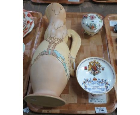 Tray of assorted china to include; Aynsley commemorative Prince of Wales pedestal bowl, Dresden floral trinket box and a tall