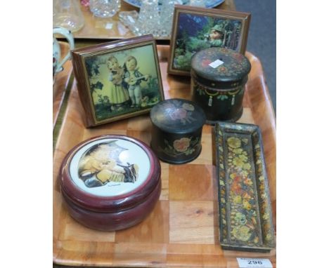 Three modern Hummel Ercolano Sorrento Italy musical boxes, together with papier mache box and pin dish and a wooden painted e