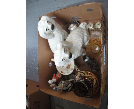 Box of assorted china, glass and metalware, various to include; pair of fireside spaniels, continental figures, floral teapot