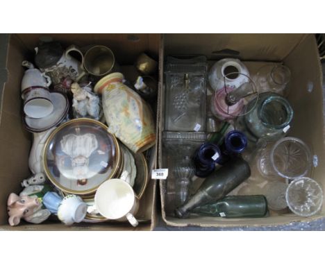 Box of assorted glassware to include; cod bottles, candlesticks etc. Together with a box of ceramic collectors plates, Wade p