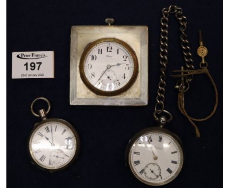 Large silver keyless open faced gentleman's pocket watch marked Wyn Williams, Dolgelley, with chain. Together with another si