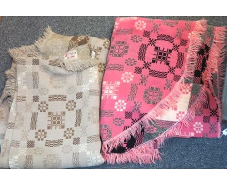 Two vintage woollen Welsh tapestry blankets, one light brown ground fringe edged blanket by Meirion Mill Ltd and the other pi