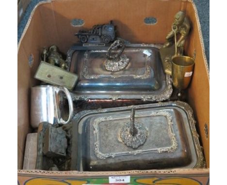 Box of assorted metalware to include; two lidded silver plated serving dishes, metal figures of miners and of a horse and coa