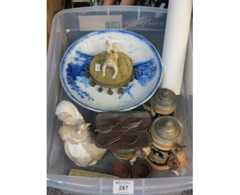 Box of miscellaneous items to include; European beer steins, Nao Spanish porcelain figurine of girl with goat, Andrew Dibbon,