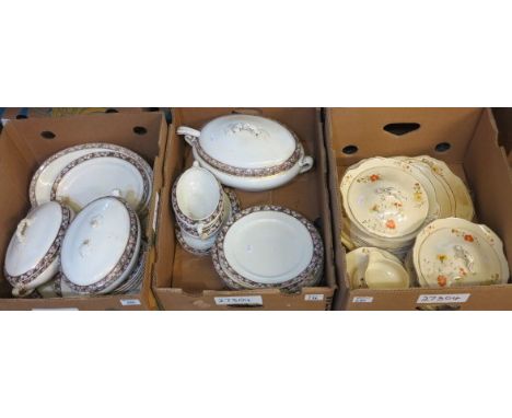 Two boxes of A.B Jones & Sons English porcelain dinnerware items with rose design rims to include; dinner plates, serving pla