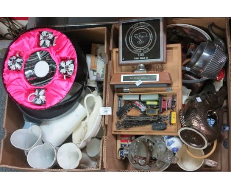 Two boxes of assorted items to include; ceramic jugs, Royal Worcester Llewelyn Bowen Anoushika boxed coffee set, a glug jug, 