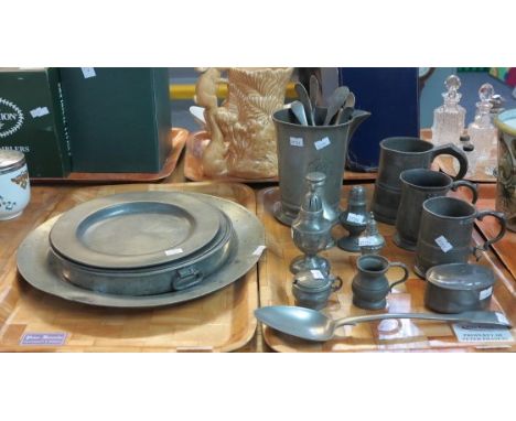 Two trays of pewter to include; plates and chargers with London touch marks, loose plated cutlery, tankards, salt and pepper 