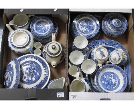 Two boxes of blue and white china, various to include; transfer printed china teapots, tureens, plates, jugs etc. (2)(B.P. 24