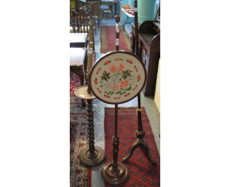 19th Century oak barley twist torchere stand converted into a standard lamp. Together with a 19th Century mahogany screen sta