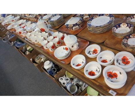 Seven trays of Wedgwood bone china Susie Cooper design 'Corn Poppy' dinner, tea and coffee ware items, various to include; cu