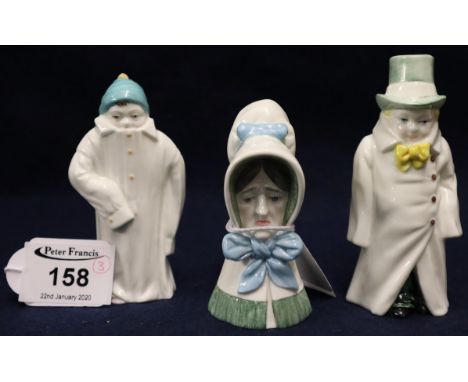Three Royal Worcester porcelain candle snuffers to include; 'Budge', 'Toddie' and 'Old Woman', black printed marks to base. (