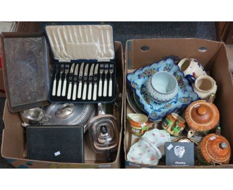 Two boxes of miscellaneous items to include; Beswick ware cottage design part teaset with two teapots, boxed Henley Rennie Ma