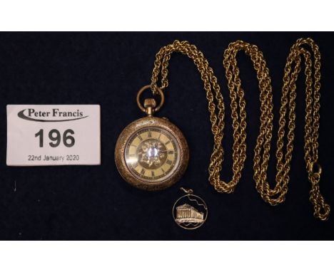 14ct gold engine turned and foliate engraved fancy fob watch with 14ct gold chain.(B.P. 24% incl. VAT) CONDITION REPORT: Appr