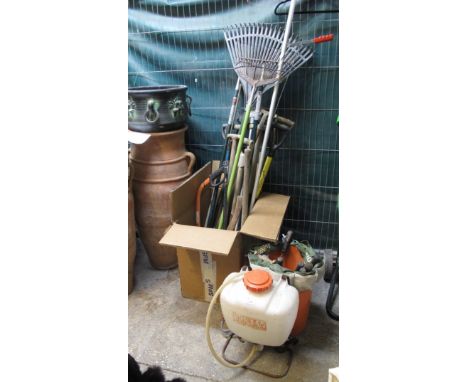Box of assorted garden tools to include: shovels, rakes etc, together with a bag of edge cutters, saws etc, together with a w