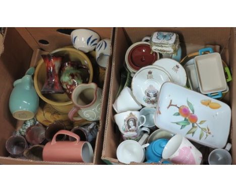 Two boxes of various china items to include; commemorative cups and saucers, Ewenny pottery jugs, vase and mug, various other