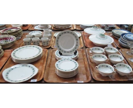 Six trays of Royal Doulton tapestry design tea and dinnerware items, various, to include; lidded tureens, cups, saucers, sucr