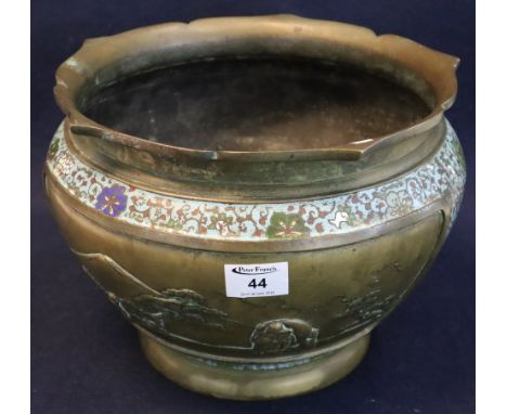 Japanese yellow metal baluster shaped jardiniere with indented rim over champleve enamel bands with relief scenic panels with