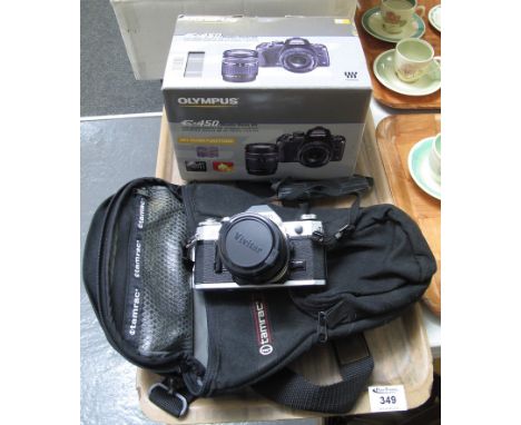 Tray of photographic equipment to include; a Minolta X-300 camera and Cobra flash in an Olympus box and a Canon AE-1 camera i