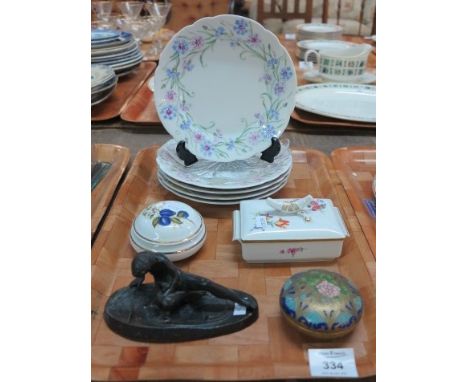 Tray of assorted items to include; yellow metal study of a classical wounded Greek figure, Limoges jar and cover, Meissen mod