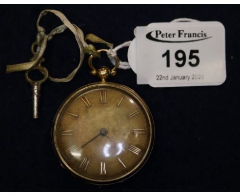 Early 19th Century 18ct gold key wind open faced gentleman's pocket watch with engine turned face, having Roman numerals. 2cm