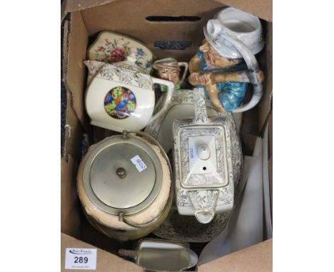 Box of assorted items to include; art deco design gilt and abstract design teapot, cream jug, small tray and miniature teapot