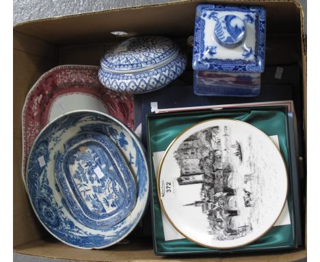 Box of assorted china to include; Wedgwood and other cabinet/collectors plates, Ringtons tea canister, blue and white bowl et