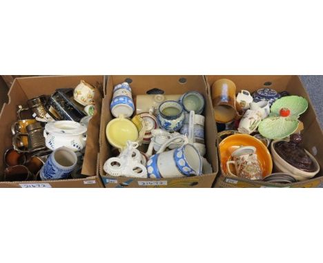 Three boxes of assorted china to include, various copper luster and other dresser jugs, beer steins, Staffordshire and other 