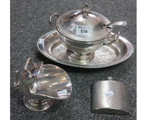 Box of white metal and silver plated items to include; tray, covered serving bowl with ladle, hip flask and salt cellar. (B.P