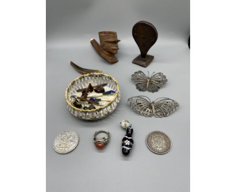 Vintage straw splitter silver coins, Carved Pipe etc. 